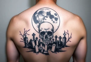 Full moon morphed with a skull shining above an eerie cemetery tattoo idea