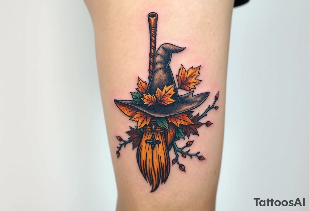 Which is broom with handle
 a witches hat with fall maple leaves, feathers and vines tattoo idea