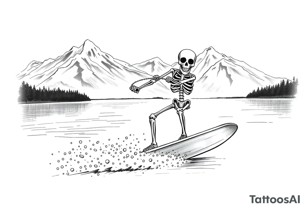 skeleton wakeboarding on lake, holding onto rope, 
mountains in the background tattoo idea