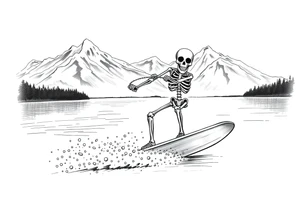 skeleton wakeboarding on lake, holding onto rope, 
mountains in the background tattoo idea