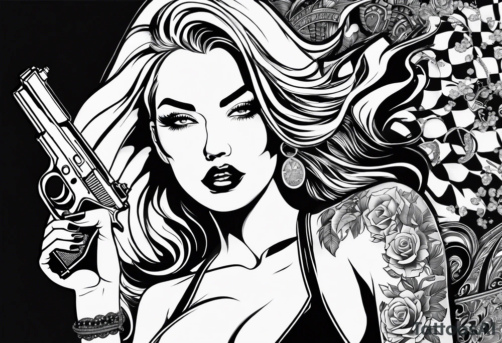 sexy lady holding a gun in mini shorts and bra blowing the gun while it’s smoking, the words “lady killer” beside it, a y2k inspired tattoo tattoo idea