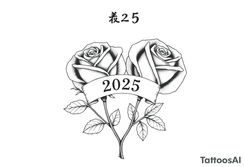 two beautiful rose buds, side by side, with many leaves and their stems intertwined, representing two people in love. Include a banner connecting the two roses with "2025" on it.  The word "Rose" written in Kanji above the drawing.  Dark outlines tattoo idea