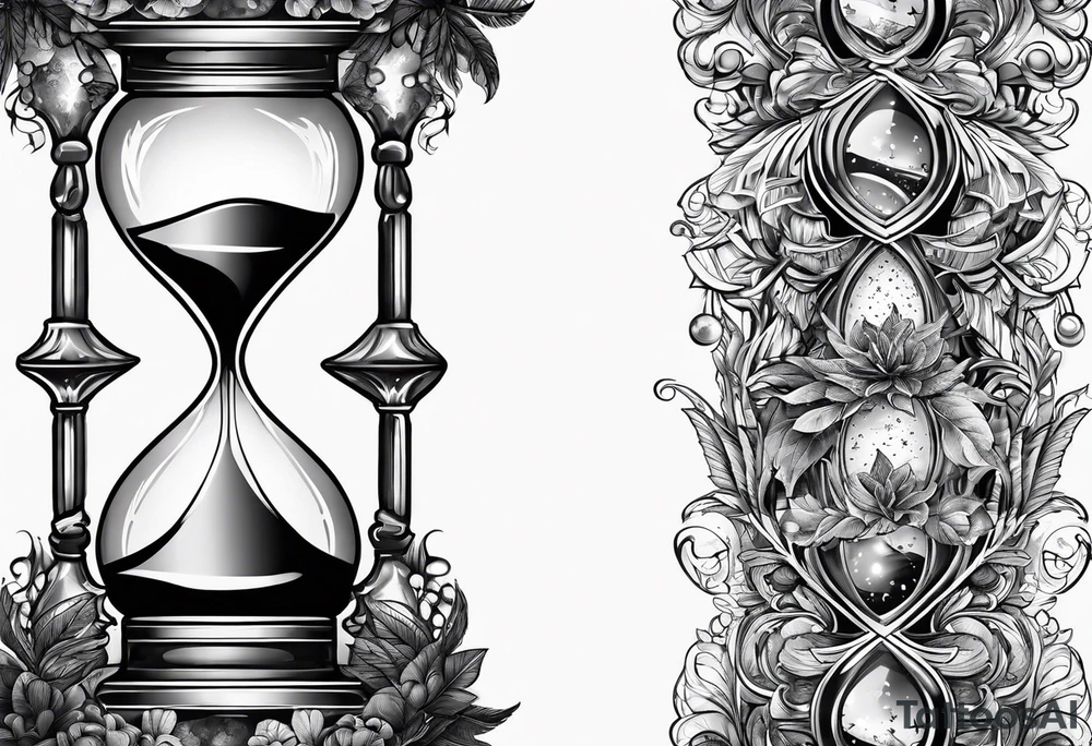 hourglass with vegetation, stars and hydrogen atoms tattoo idea