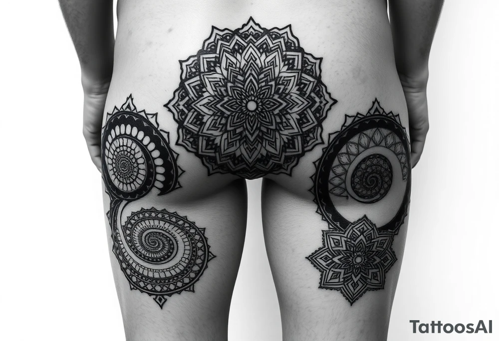 Blackwork geometric tattoo on male lower body, both thighs fully 
covered, buttocks and lower back, large central mandala on lower back 
flowing into glutes, double spiral motif on each buttock cheek, 
spiral black bands wrapping diagonally around thighs, alternating 
fill patterns per zone: dotwork floral geometry on outer thigh, 
hexagonal star patterns on inner thigh, massive black background 
areas, fine ornamental cutouts, seamless full coverage with no gaps, 
pure black ink, no grey wash, photorealistic tattoo photography, 
dark background tattoo idea