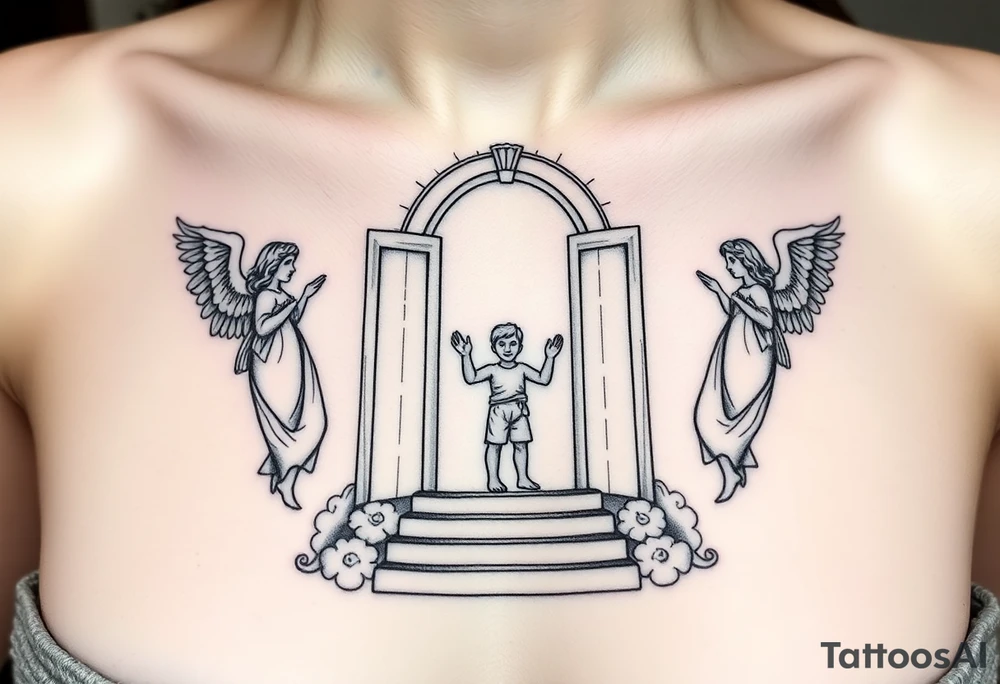 3 angels holding open the gates of heaven with the male figure walking up the steps.Saying fly high baby boy tattoo idea
