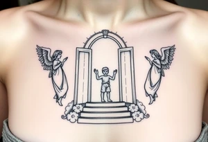 3 angels holding open the gates of heaven with the male figure walking up the steps.Saying fly high baby boy tattoo idea