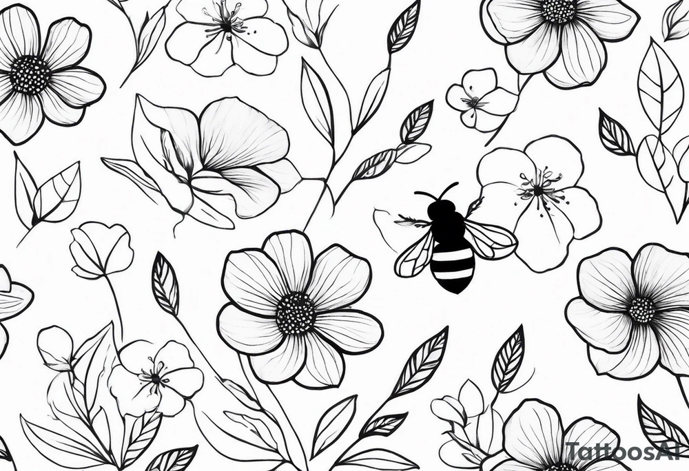 Arm wrap floral dainty soft leaves with bee tattoo idea