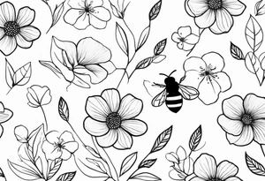 Arm wrap floral dainty soft leaves with bee tattoo idea