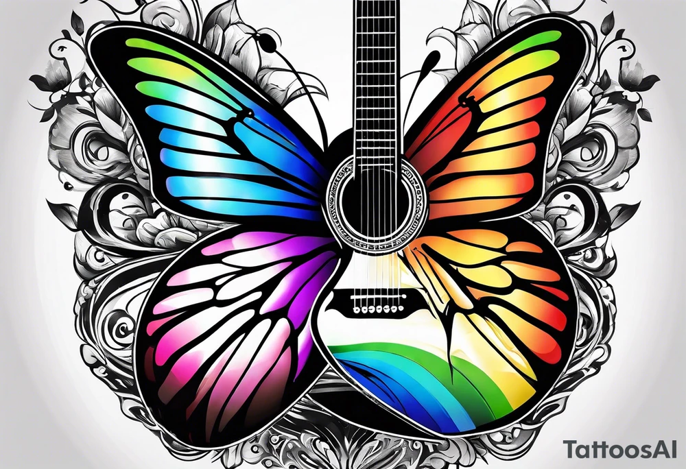 Guitar, butterfly, rainbow, Halo tattoo idea