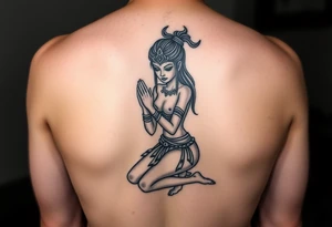 oni female in kneeled praying position, wearing revealing clothing tattoo idea
