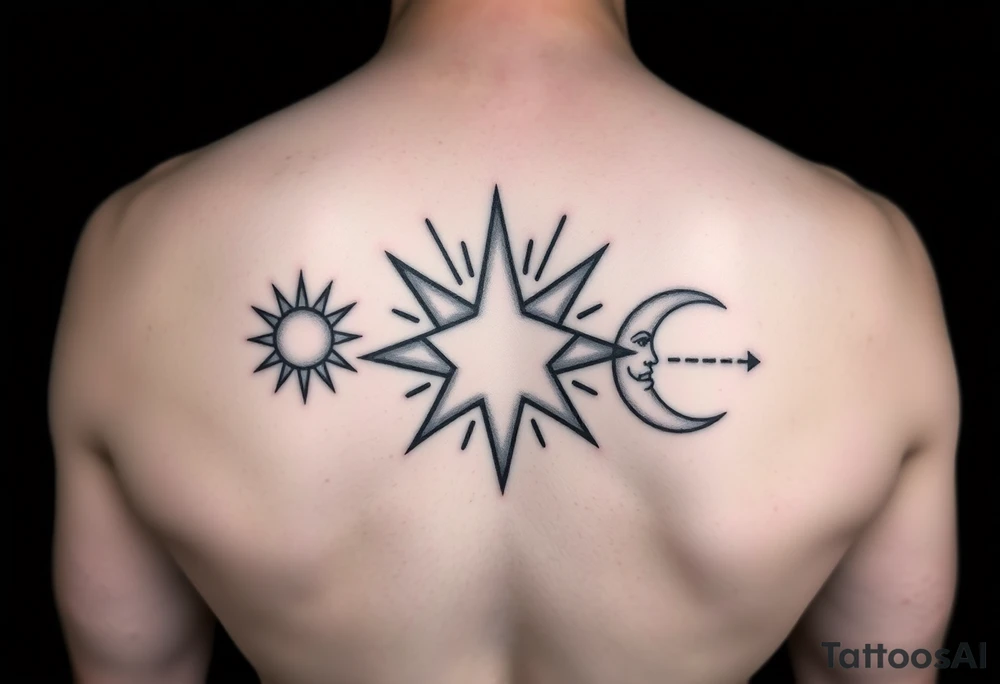 Cute sun, star and moon with three images of the same size and each one can be filled in black by three sisters and with a line running through them all linking them together tattoo idea