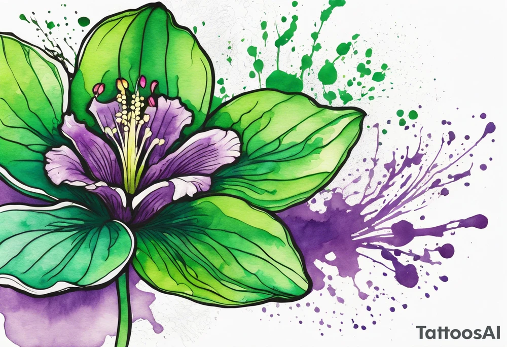 An outline of a green rio dipladenia flower and a green and purple watercolor splash in the background tattoo idea