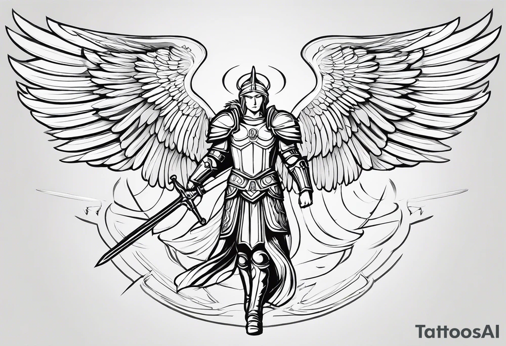**Tattoo Design: Archangel Michael**

- **Central Theme**: Archangel Michael, majestic and powerful, stands ready with a raised sword, prepared to battle evil.
- **Appearance**: The figure of Archangel Michael depicted in full angelic armor, with majestic wings spread wide.
- **Expression**: His stance conveys strength, courage, and determination in defense of good.
- **Details**: Focus on intricate details such as facial features, armor embellishments, and the raised sword.
- **Background**: May be stylized as celestial, with rays of light or clouds, accentuating the divine presence of Archangel Michael.
- **Placement**: Intended for placement on the chosen body area, with the option to adjust the size according to personal preferences. tattoo idea