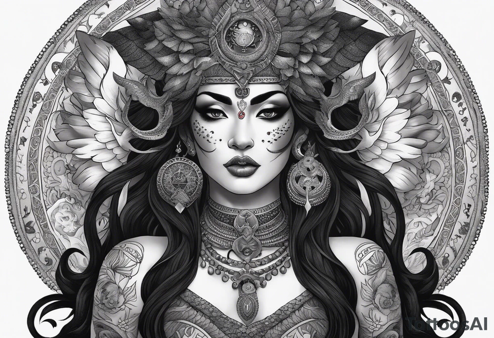black kali, goddess pirate, alien, angel, pachamama, valkrye, warrior, flying, skull, lotus azul, wing, eagle, zenza resonance, stars, 5D, anahata chakra, death, durga, riding on a tiger, flying lady, kundalini, chest tatoo, samuri, rebel, serpent tattoo idea