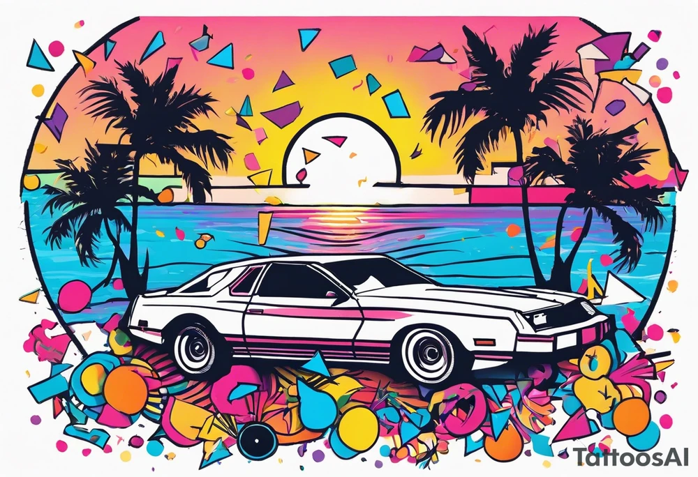 1980's miami vice style beach dance 
party, include confetti, music notes, boom box, bikinis sunset in the center tattoo idea