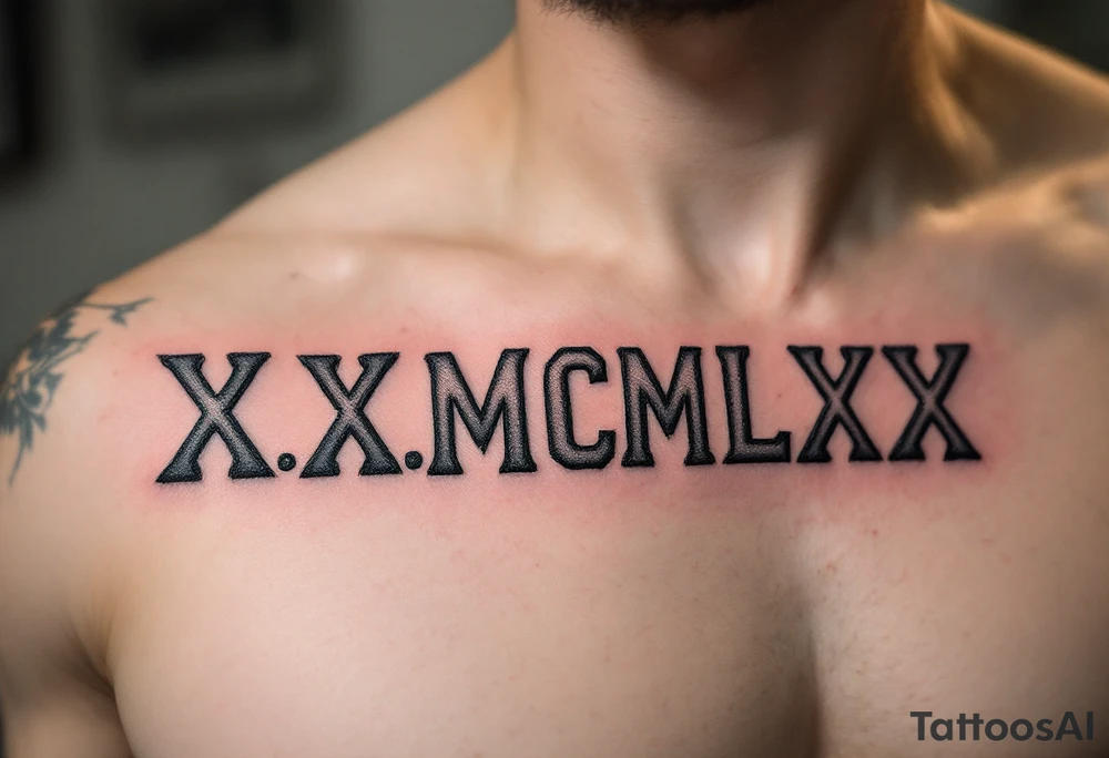 Large X.X.MCMLXX across the ribs in distressed gray ink, designed to look like it’s carved into stone. tattoo idea