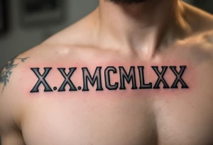 Large X.X.MCMLXX across the ribs in distressed gray ink, designed to look like it’s carved into stone. tattoo idea