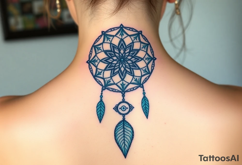Dreamcatcher with zodiac symbols and protection runes caught in it with wolf teal tattoo idea