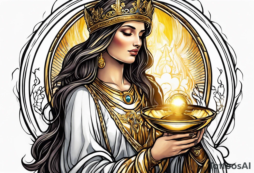 holy saint woman turned away with golden halo holding a chalice tattoo idea