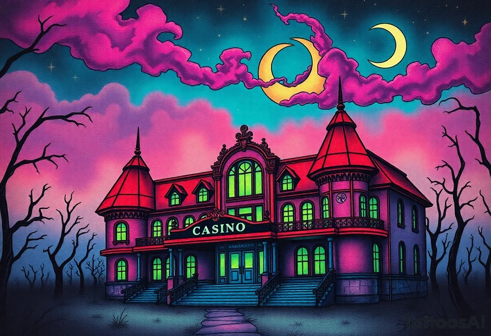 Tim Burton’s haunted casino is abandoned and dripping with muted reds, dusty pinks, and eerie green glow.purple and cyan smokey clouds swirl in the crescent moonlit sky thats sprinkled with stars tattoo idea tattoo idea