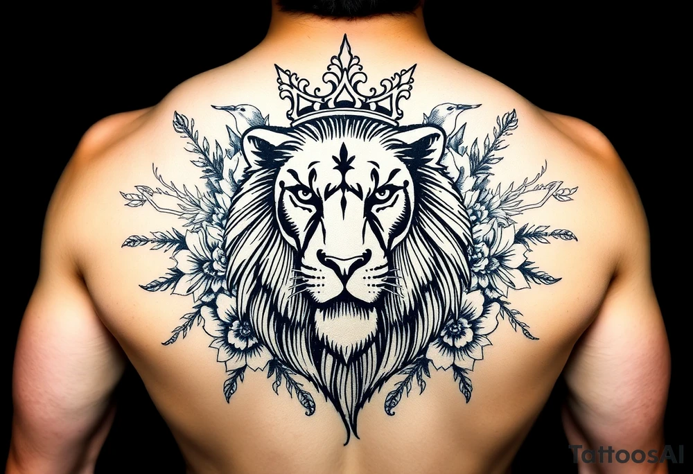powerful majestic lion with a crown, surrounded by floral ornaments and birds tattoo idea