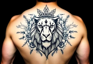 powerful majestic lion with a crown, surrounded by floral ornaments and birds tattoo idea