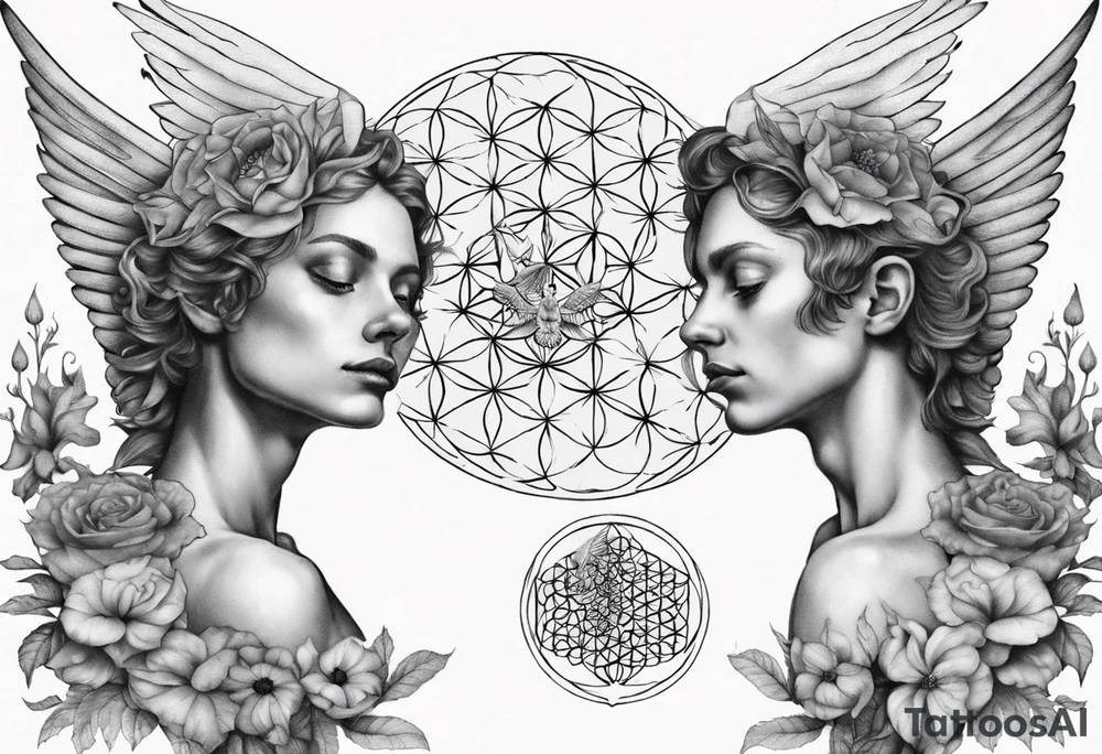 Two angels as brothers embedded in flower of life tattoo idea