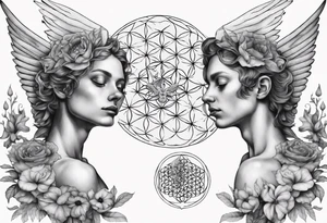 Two angels as brothers embedded in flower of life tattoo idea
