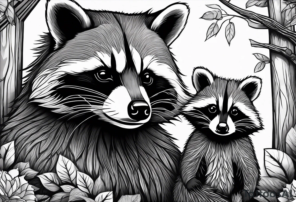 Very detailed Raccoon Husband with wife and child.
Background modern House between woods tattoo idea