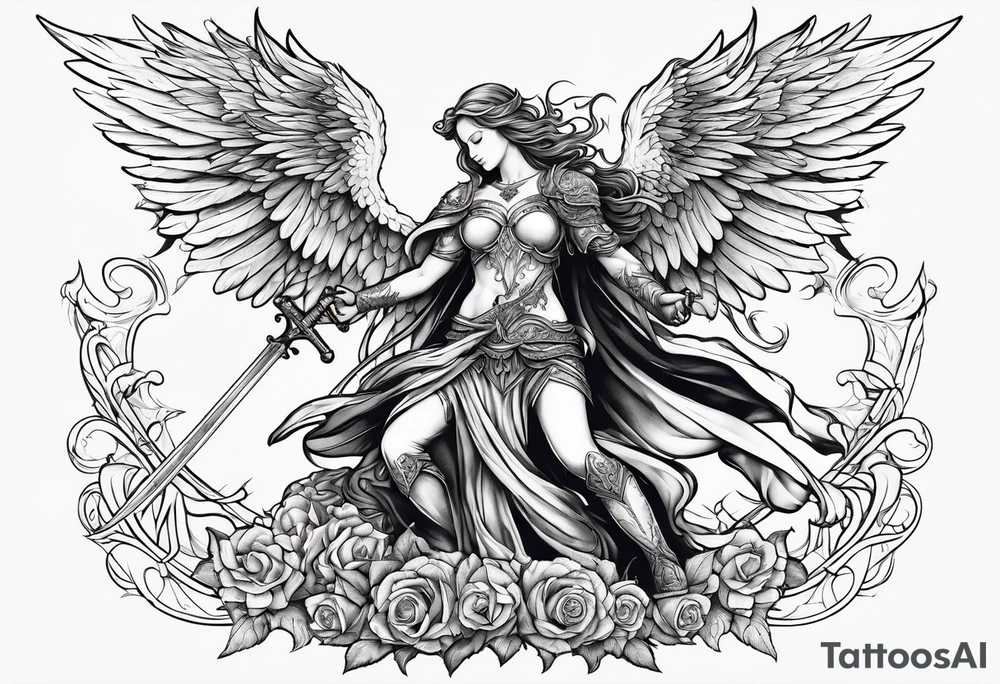 Angel with long sword atop a demon slain in single line tattoo idea