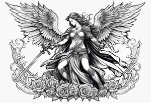 Angel with long sword atop a demon slain in single line tattoo idea