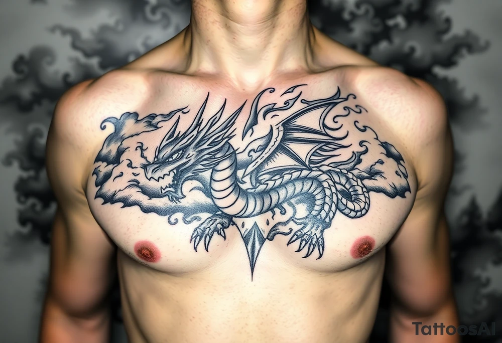 fierce dragon breathing iridescent fire against stormy skies tattoo idea