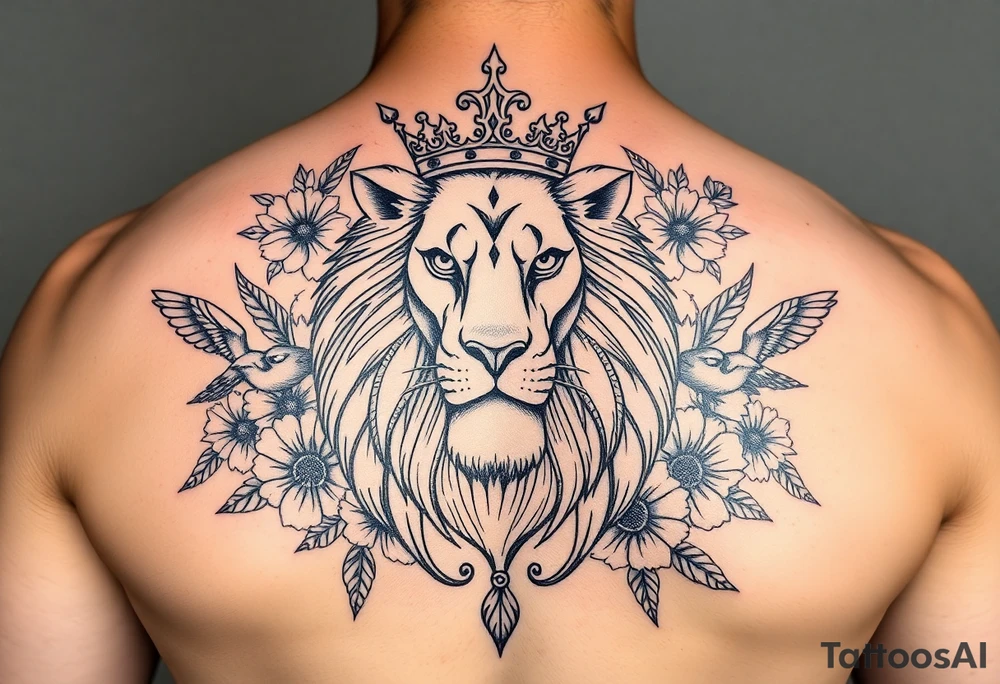 powerful majestic lion with a crown, surrounded by floral ornaments and birds tattoo idea