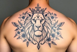 powerful majestic lion with a crown, surrounded by floral ornaments and birds tattoo idea