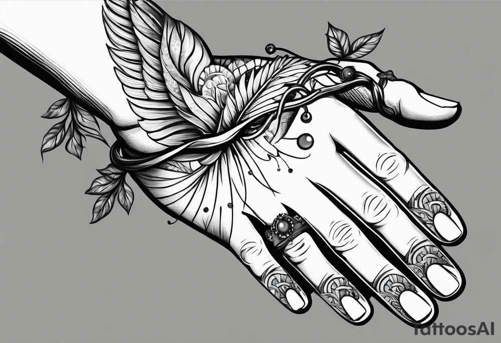 a hand that reaches above a waterline and trys to grab a string, which is handed by another hand tattoo idea