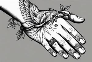 a hand that reaches above a waterline and trys to grab a string, which is handed by another hand tattoo idea