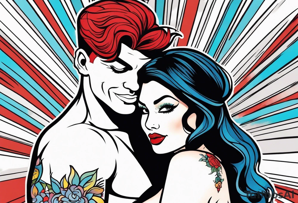 Busty Red haired woman with black haired man tattoo idea