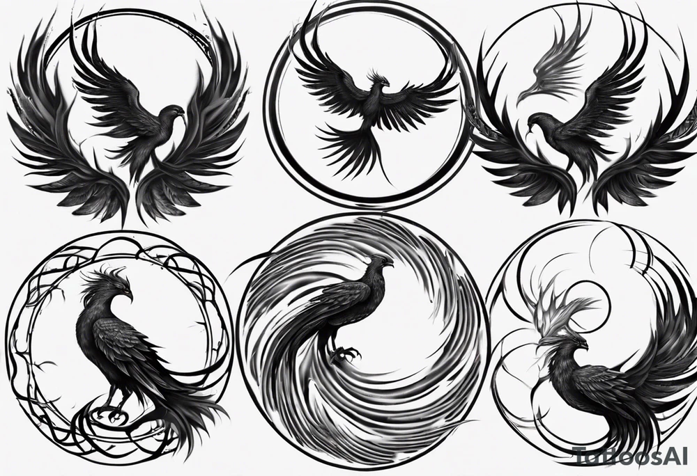 Phoenix rising blending in circles tattoo idea