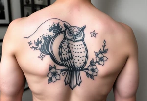 Something to come down for my sleeve I have waves and Japanese cherry blossoms and an owl on it tattoo idea