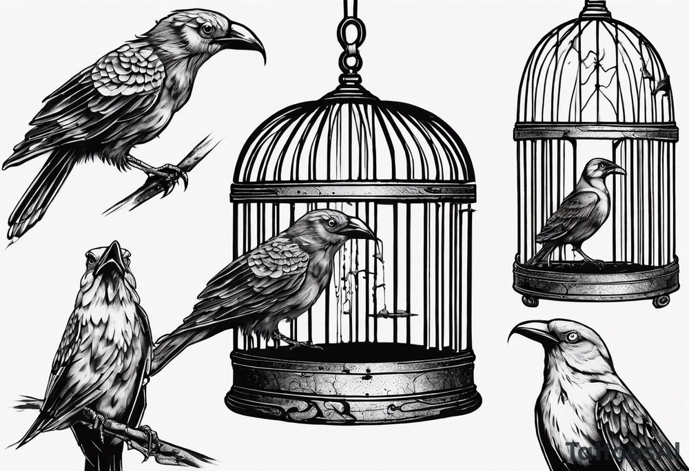 highly detailed bird ecscaping from bird cage, Lynyrd Skynyrd inspired tattoo idea