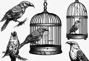 highly detailed bird ecscaping from bird cage, Lynyrd Skynyrd inspired tattoo idea