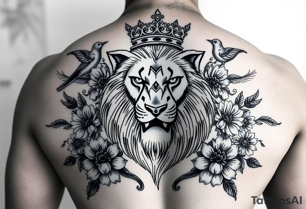 powerful majestic lion with a crown, surrounded by floral ornaments and birds tattoo idea
