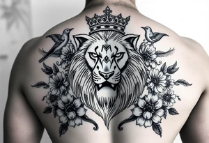 powerful majestic lion with a crown, surrounded by floral ornaments and birds tattoo idea