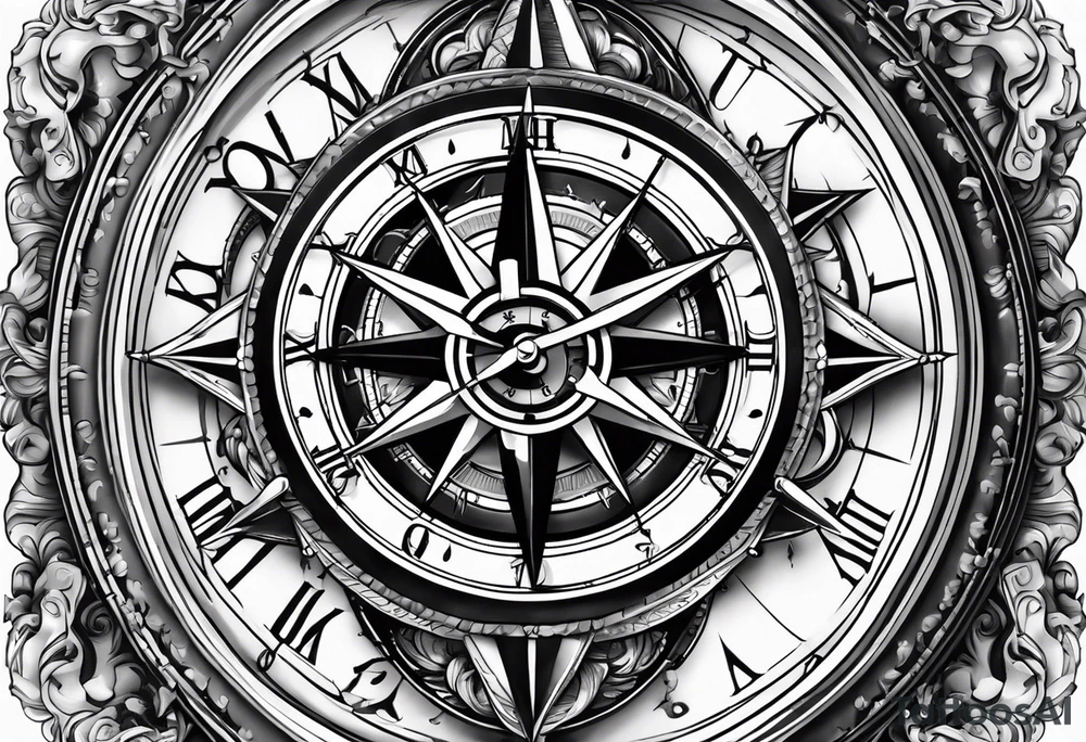 combination of a  nautical compass and a old school clock face deconstructed tattoo idea