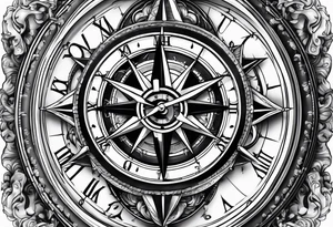 combination of a  nautical compass and a old school clock face deconstructed tattoo idea