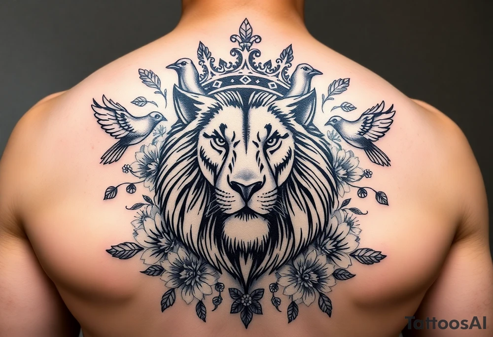 powerful majestic lion with a crown, surrounded by floral ornaments and birds tattoo idea