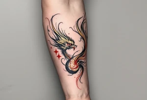 凤凰 (fènghuáng, “phoenix”) in gold and crimson expresses grace through rebirth and resilience. tattoo idea