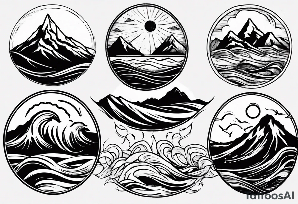 mountain with waves and sun tattoo idea