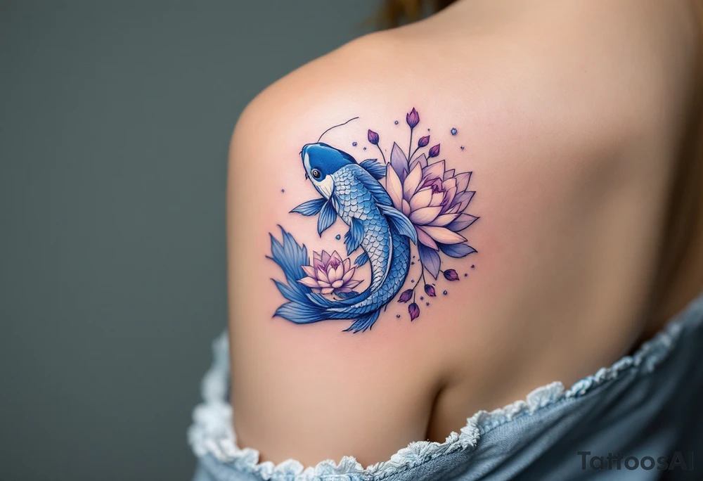 Blue and Silver Koi with Lotus Flowers – A calming blue koi accented with silver scales, surrounded by blooming lotuses in shades of pale purple and white, symbolizing purity and transformation. tattoo idea