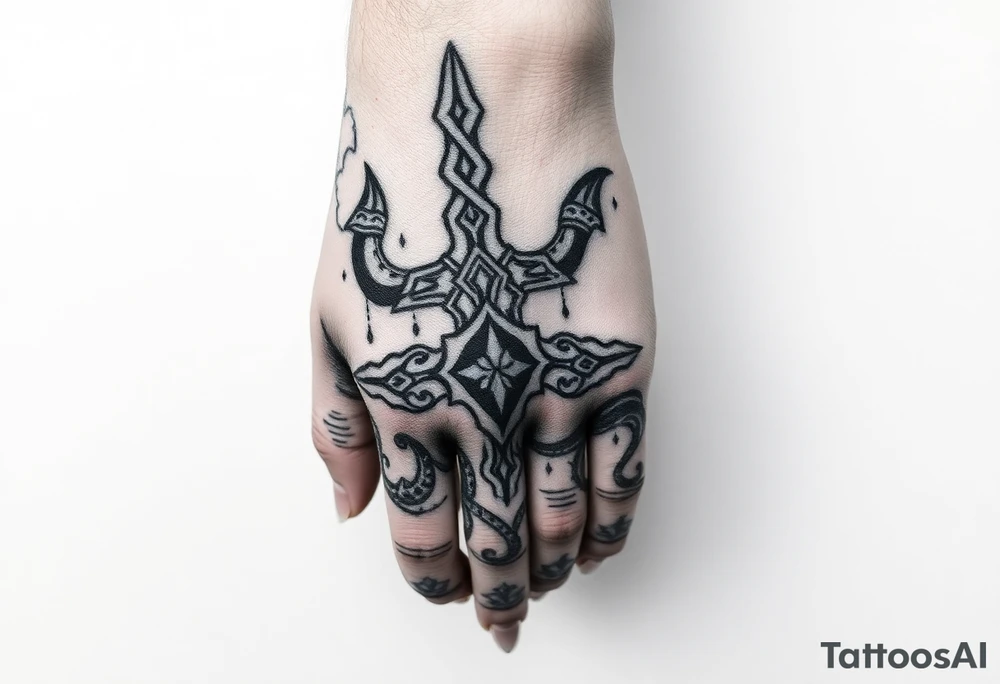 Simple large norse themed, covering the hand, going up the fingers and down the wrist. tattoo idea